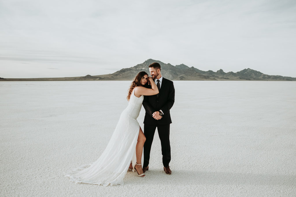 bridal couple eloping in salt flats