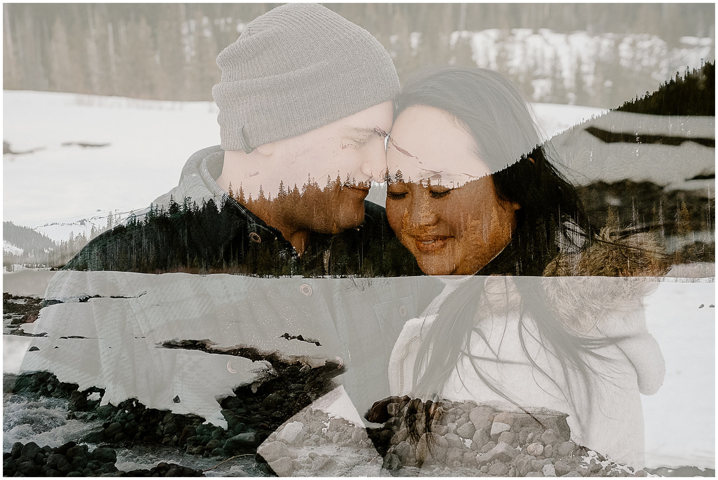 double exposure of couple in the snow