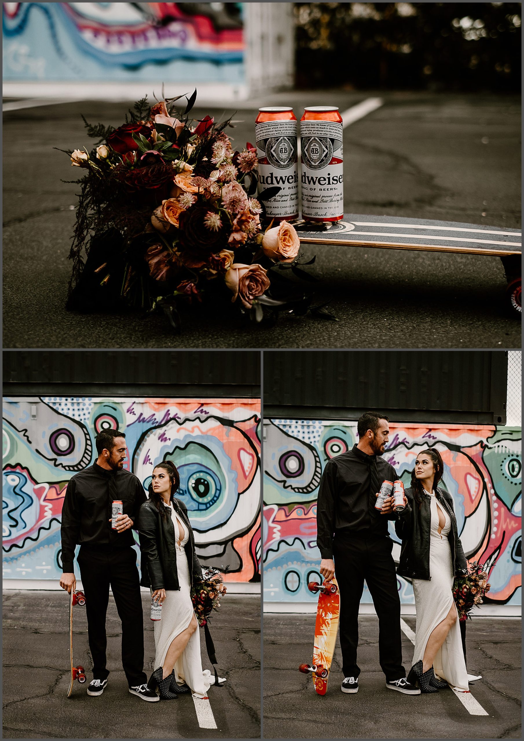 moody bride and groom walking by graffiti wall