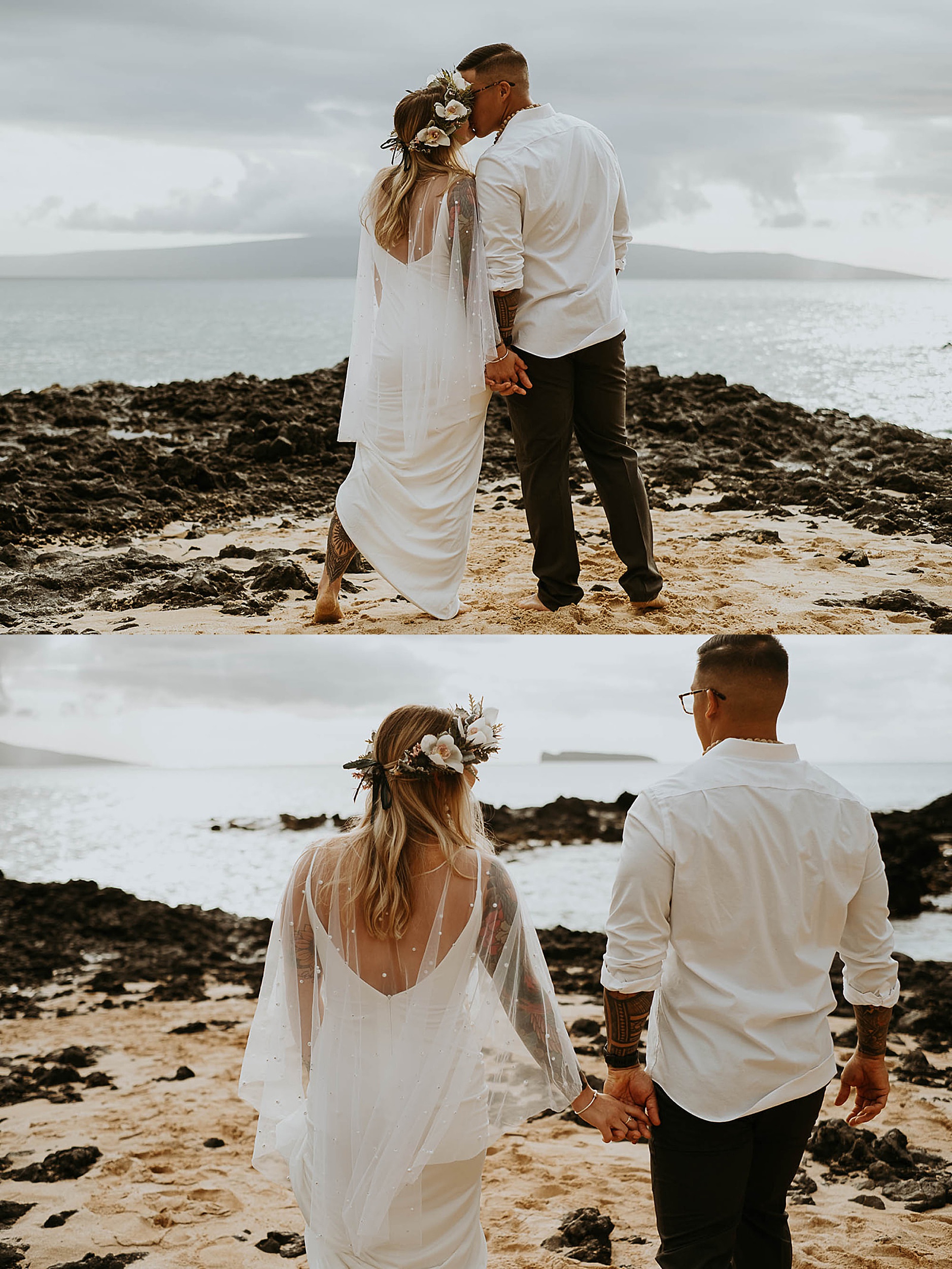bride and groom on a rugged beach in Maui