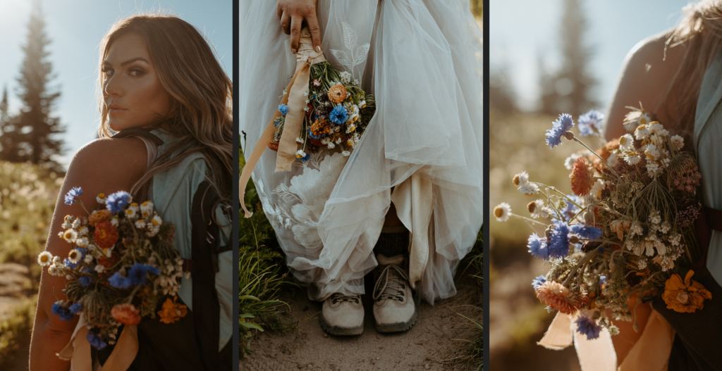 Bride's wedding dress and wildflower bouquet