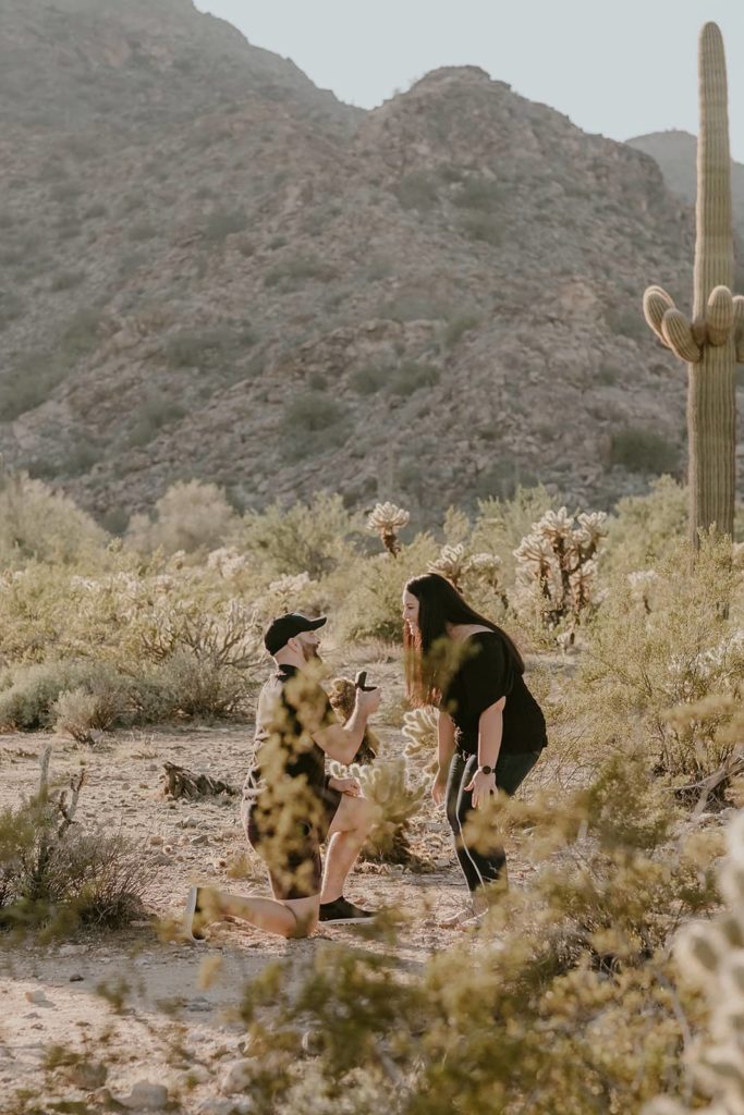 Check out the best desert surprise in Arizona: A White Tank Mountains Proposal captured by an Arizona Wedding Photographer.