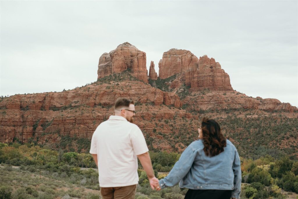 Couple holding hands looking at the desert landscape